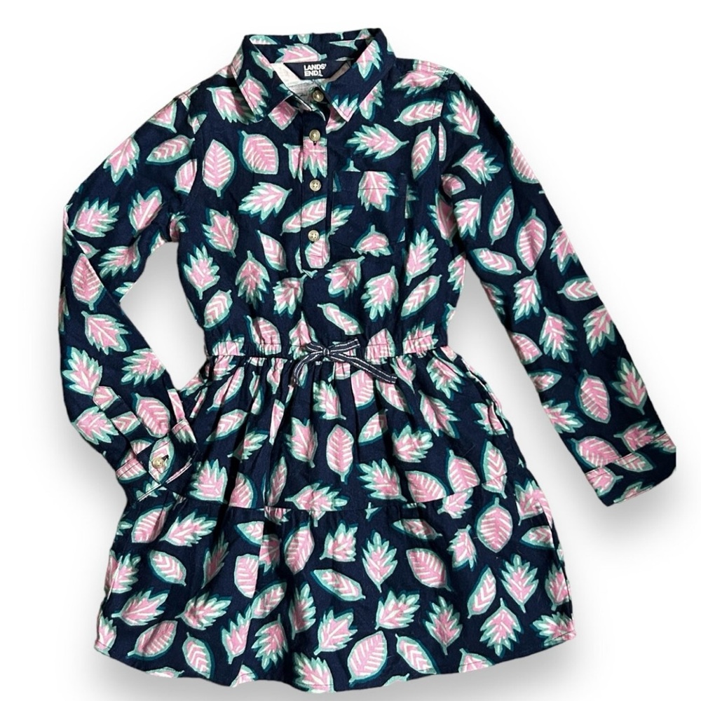 Lands' End Kids Casual Dress - Navy with Pink and Green Leaf Print